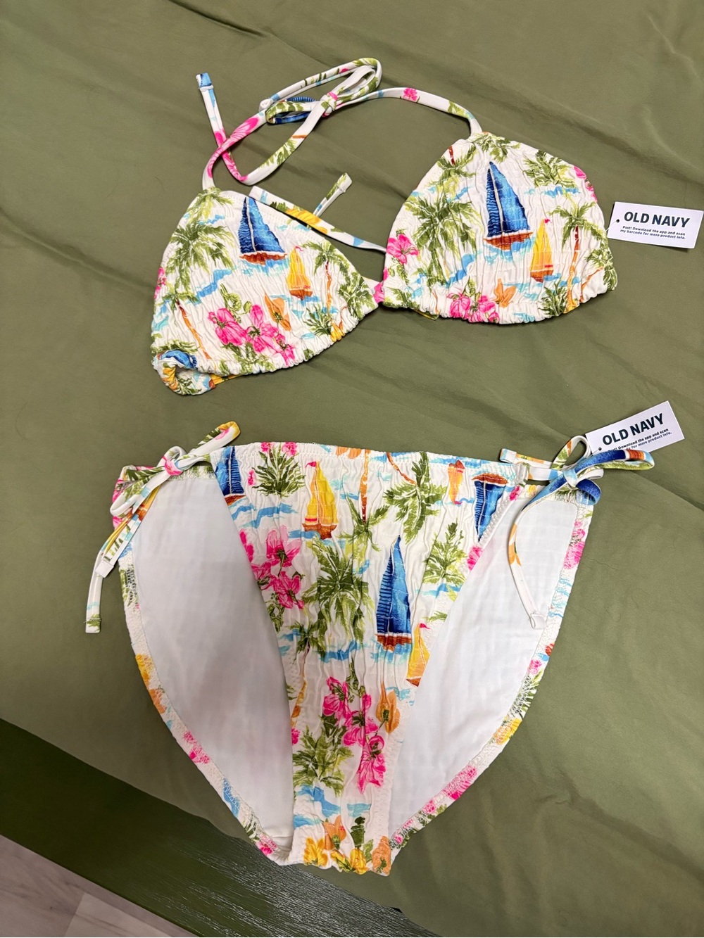 Old Navy White Tropical Sailboat Tie Bikini with Pink & Blue Accents